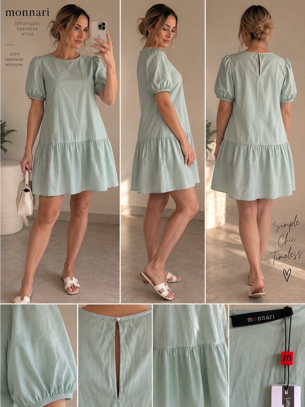Monnari Mint Green Puff Sleeve Mini Dress